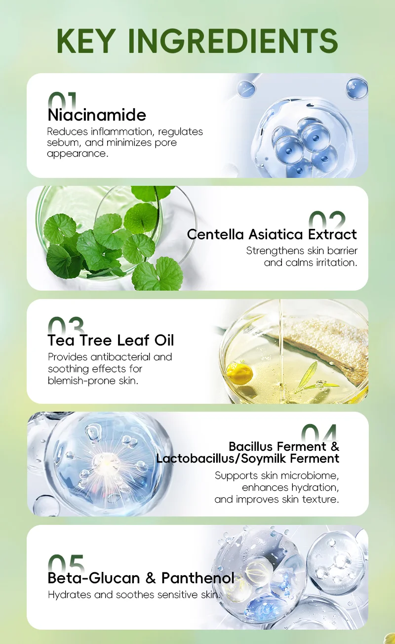 Infographic listing skincare ingredients: niacinamide, centella asiatica, tea tree oil, bacillus ferment, and beta-glucan.